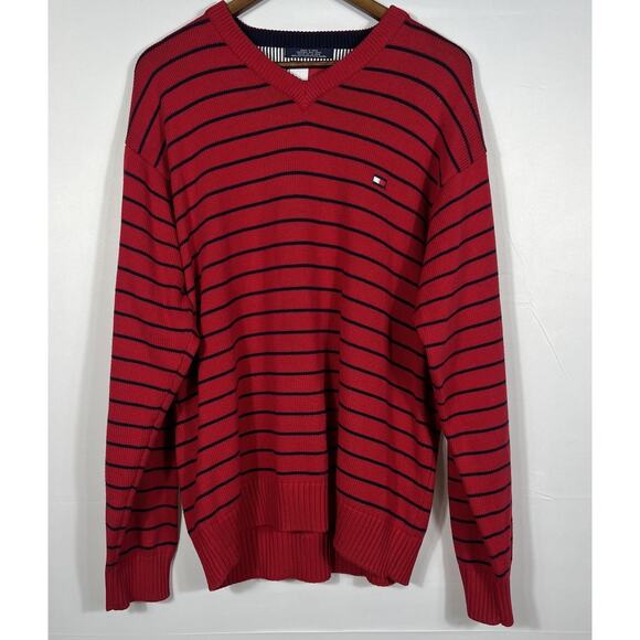 Tommy Hilfiger Red Navy Striped V-Neck Sweater Pullover Logo Classic XL - Picture 1 of 12